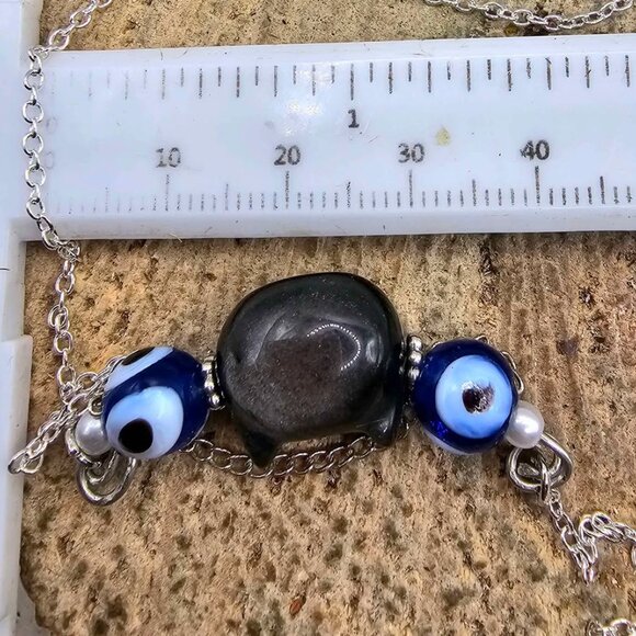 Nature Silver Obsidian Cat & Evil Eye Pendant Necklace - Picture 4 of 10